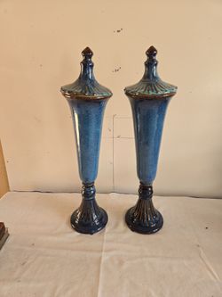 Pair of Blue Glazed Ceramic Lidded Urns