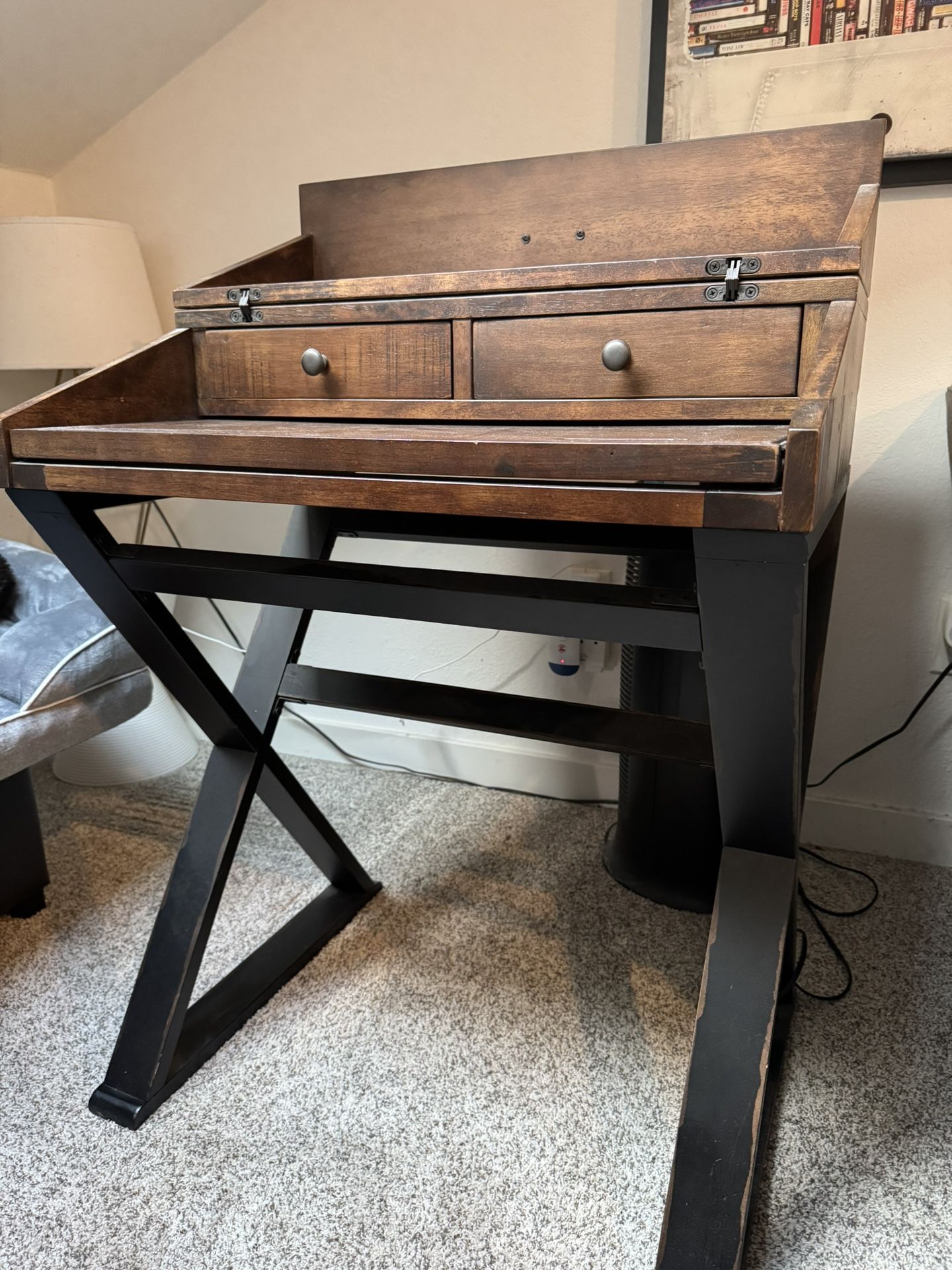 Distressed Antique Cognac and Black Wood Secretary Desk