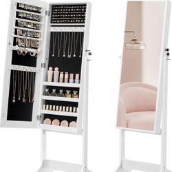 Mirror Jewelry Cabinet Armoire, Standing Full-Length Mirror, Lockable Jewelry Organizer, Gift Idea, White Surface and Black Lining UJJC69W