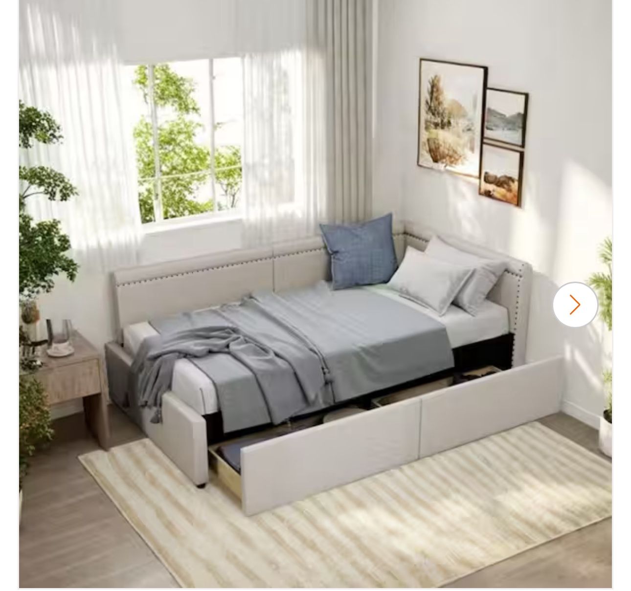 Sherwin Beige Linen Upholstered Twin Size Daybed with 2 Storage Drawers