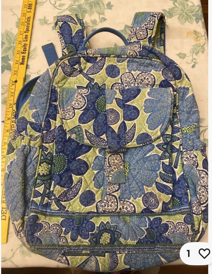 Vera Bradley Doodle Daisy Backpack Blue Green Floral Quilted School Travel Bag