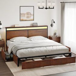 King Bed Frame with 4 Storage Drawers Metal Platform Bed Frame King Size with Headboard Charging Station LED Lights Non-Slip Without Noise No Box Spri