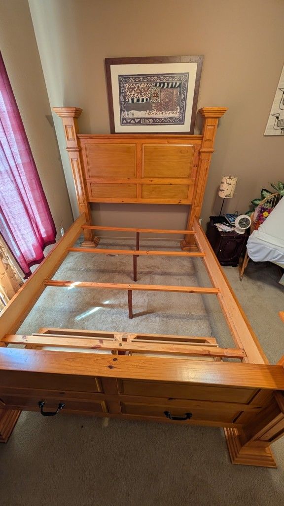 Queen Bed Frame With Two Storage Drawers At End Of Bed. Free Box Spring Included If Needed