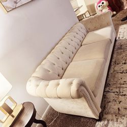 Beige Velvet Chesterfield Sofa  – $350 (Good Condition)