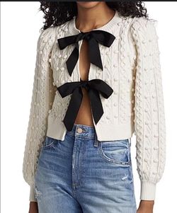 Alice + Olivia Kitty Puff-Sleeve Bow Cardigan - Size S