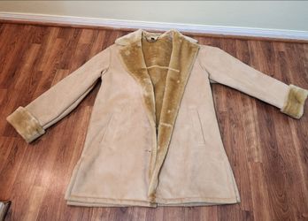 Shearling Suede Coat Tan Faux Fur Lined size large.