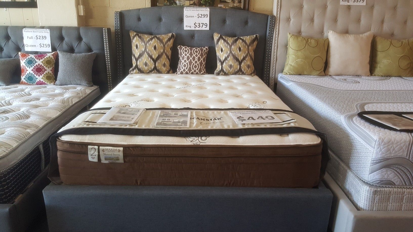 Brand new gray linen queen studded bed frame only