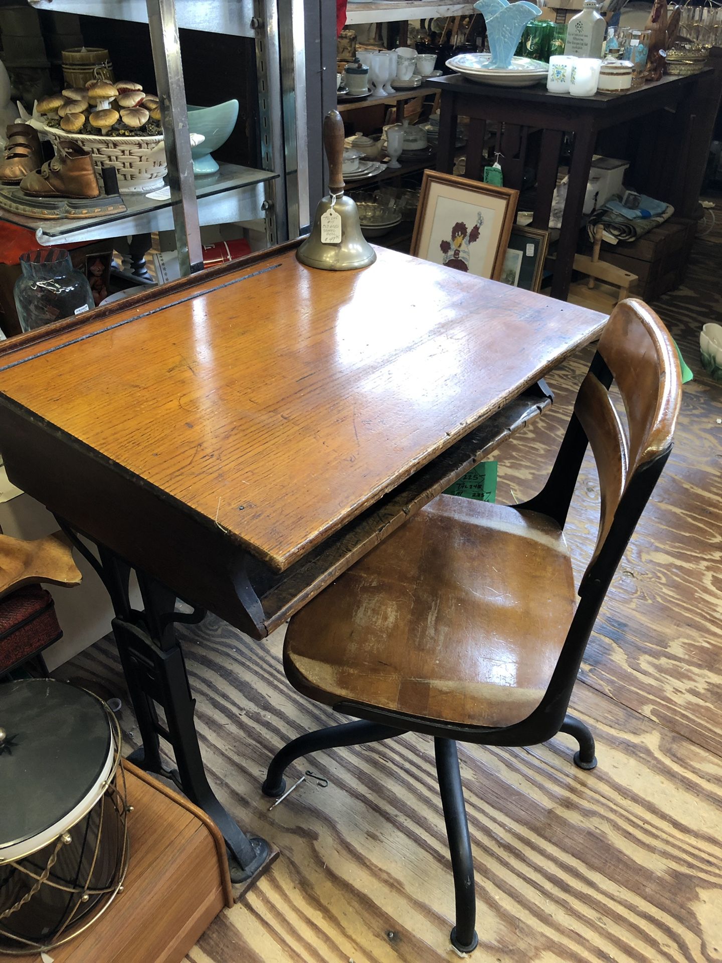 Antique wood school desk with chair