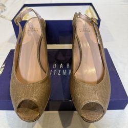 Stuart Weitzman Summer Linen bronze Peep Toe Heels Size 9.5 EUC