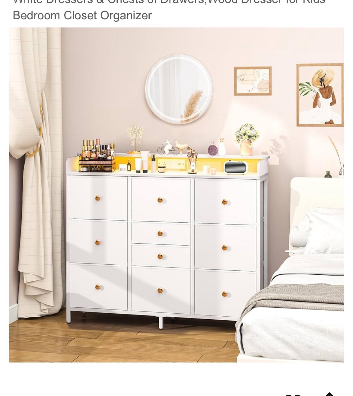 10 Drawer Dresser for Bedroom,Led Light White Dresser,TV Stand for Bedroom with Charging Station, Fabric Drawer Chests of Drawers for Hallway,Closet,E