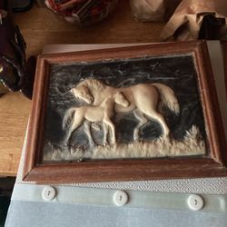 This is a vintage Dante Carpenter's Bench genuine mahogany Incolay Stone, horse with foal, jewelry box 