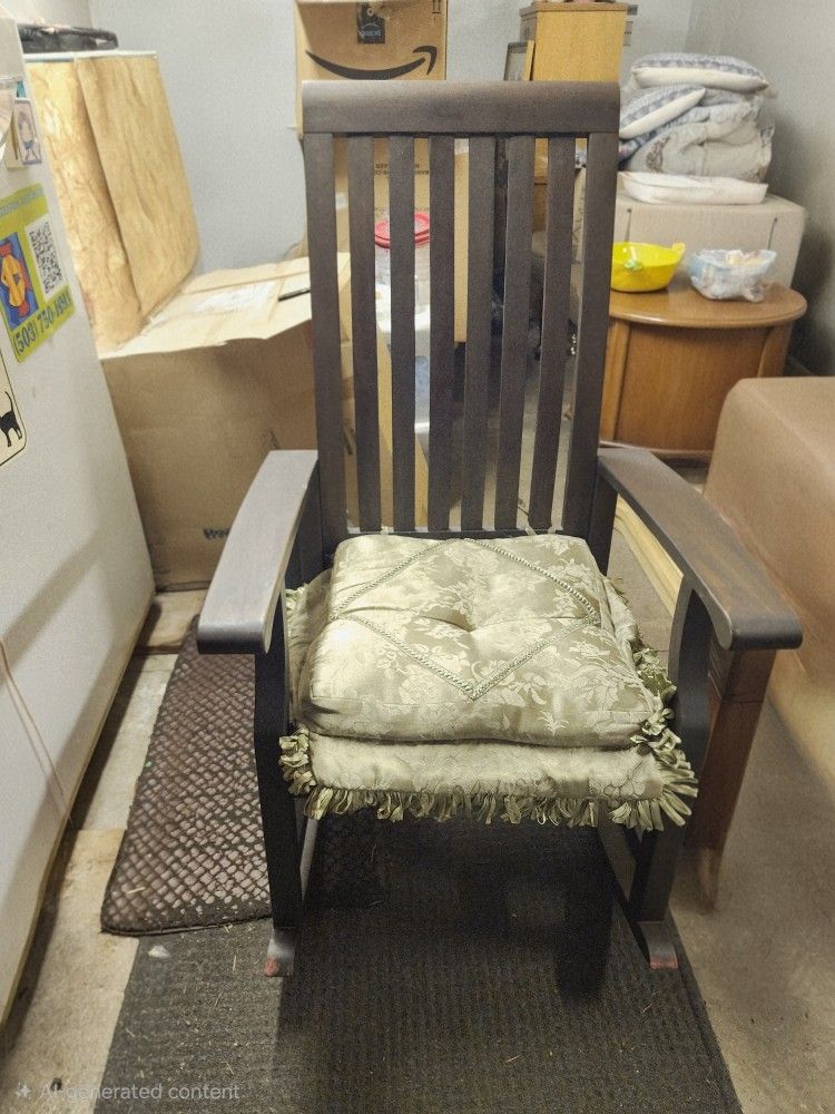 Antique Rocking Chair with cushion
Dark Wood 
No squeaks 
Very sturdy 