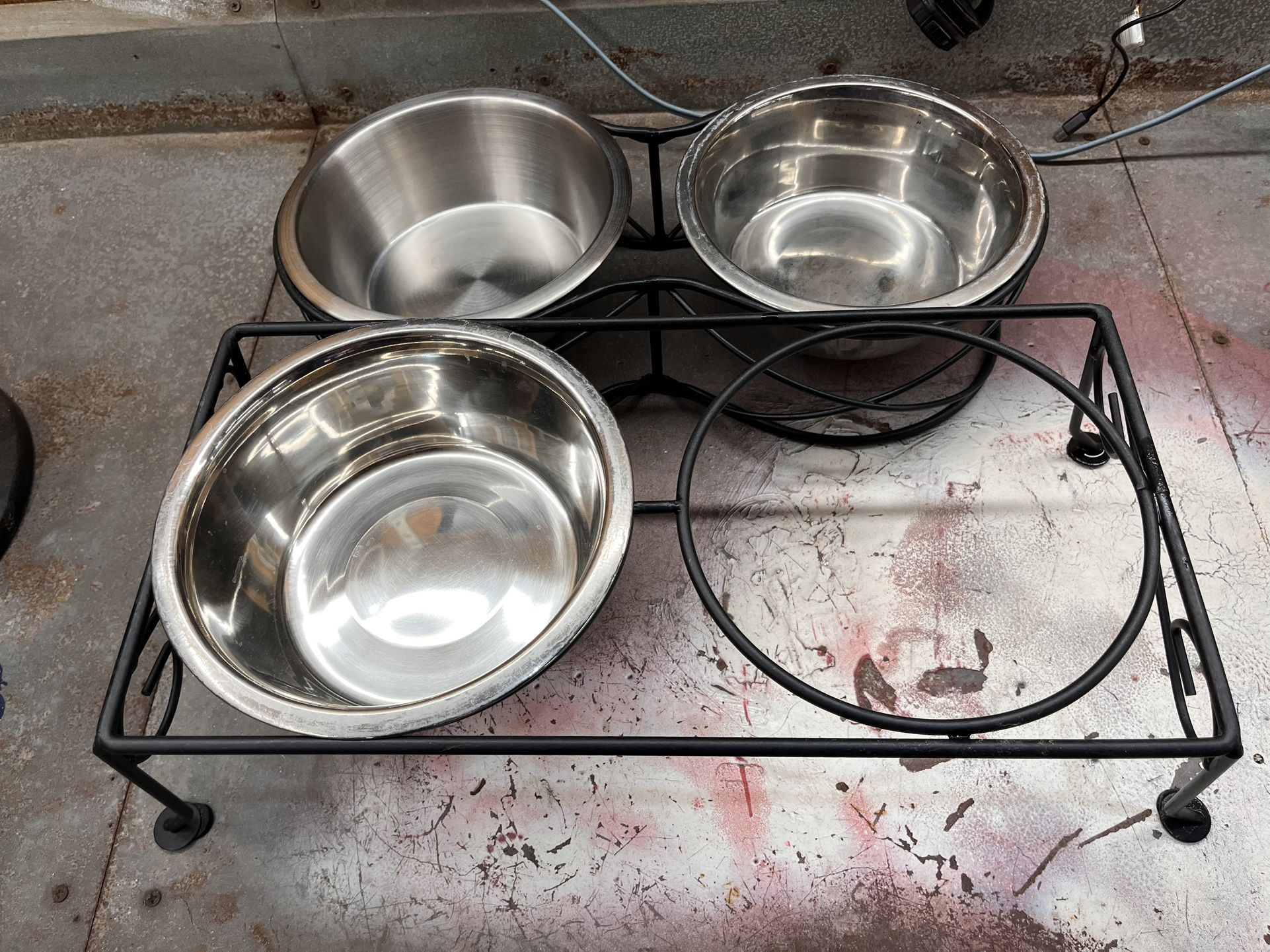Two Dog Food And Water Trays And Three Dishes Missing One Dish