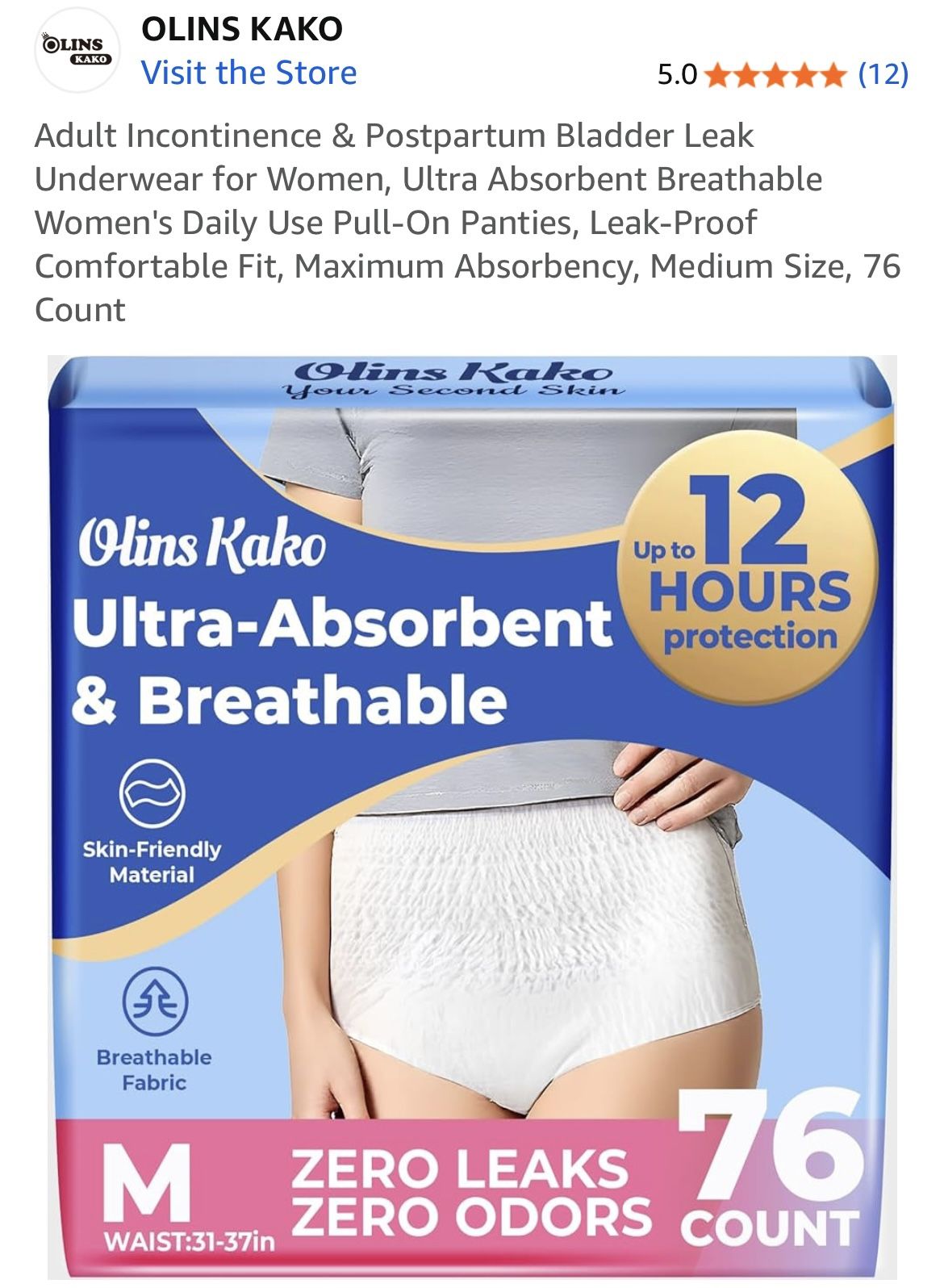 Adult Leak Proof Underwear Women Size M, 76 Count Incontinence & Postpartum Bladder Protection New