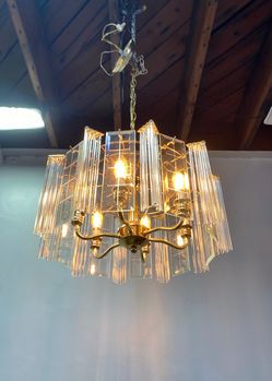 Mid-Century Brass and Glass Sciolari Style Chandelier