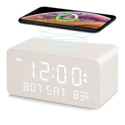 Andoolex Wooden Digital Alarm Clock with Wireless Charging, 0- 100% Adjustable Brightness Dimmer and Volume, Weekday/Weekend Mode, Dual Alarm, Snooze,