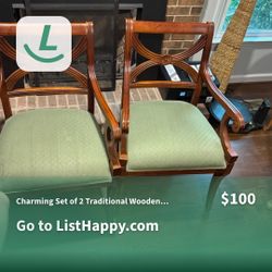Charming Set of 2 Traditional Wooden Dining Chairs - Green Upholstery