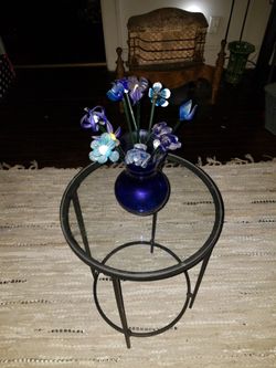 Glass Blow Flowers With Blue Glass Vase
