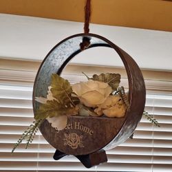 Artificial Hanging Plant in Metal Basket "Sweet Home" Inscription