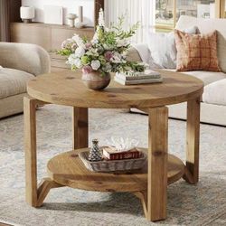 New assembled 30" Solid Wood Coffee Table, Round Small Coffee Table with 2-Tier Storage for Living Room, Farmhouse Circle Center Accent, Brown Round S