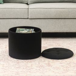 Round Tuffed Upholstered Storage Ottoman Black