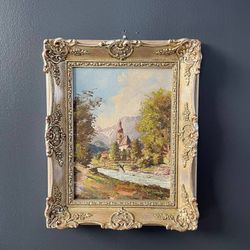 Antique Landscape Mountain Nature Church Painting by Josef Schwarzfischer - Delivery Available