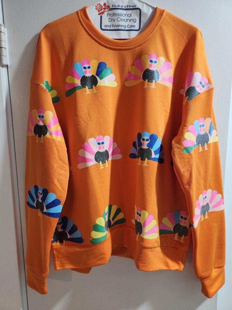 NEW Orange Glitter Turkey Sweatshirt 