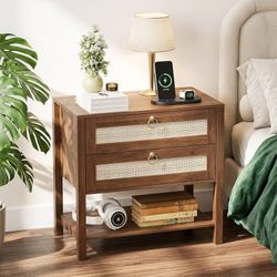 Nightstand with 2 Drawers, Boho Night Stand Bedside Table, Rattan Decor Drawer, Wooden End Table for Bedroom