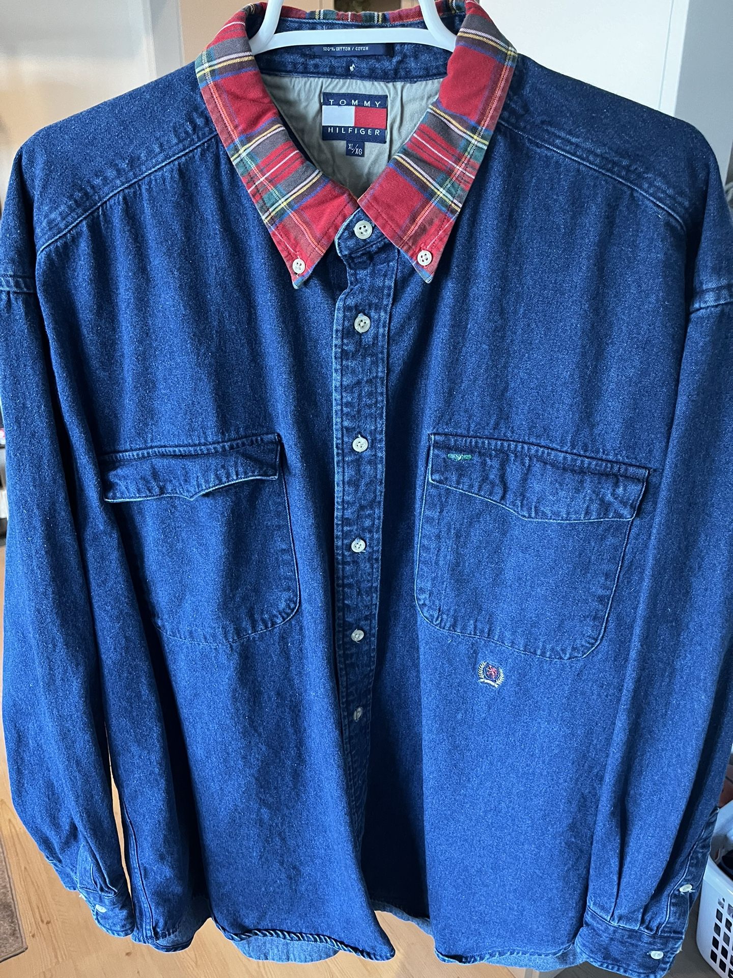 Vintage Tommy Hilfiger Red Plaid Collar Blue Jean Shirt