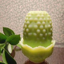 Vintage Fenton LIME Sherbet Green Satin Hobnail Fairy Lamp Candle Holder 
