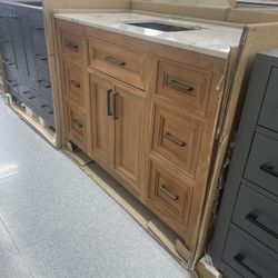 Bathroom Vanity Cabinet 48” Solid Teak Quartz Top With Sink And Backsplash