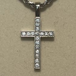 Lab Grown VS  Diamond White Gold Cross Pendant- Silver Rope 925 Necklace Included