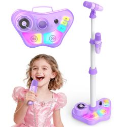 Kids Stand Rechargeable Karaoke Machine Toys with 2 Wireless Mic, Microphone Gifts for 3 4 5 6 7 8 Year Old Girls Grandkids, Bluetooth Speaker with LE