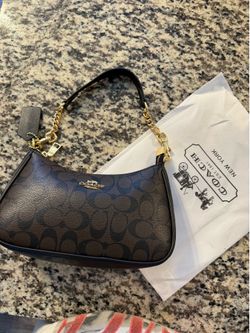 Coach Monogram Mini Shoulder Bag - Brown Canvas with Gold Chain