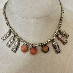 Silver Tone Vintage Carnelian Fish Necklace 