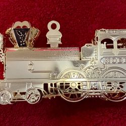 LOCOMOTIVE TRAIN NOEL GOLD BRASS CHRISTMAS ORNAMENT - Vintage -