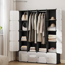 Cube Storage Organzier Portable Wardrobe Closet, 20 Cubes DIY Plastic Armoire Cabinet Modular Shelves Unit with Doors and Hanging Rods for Bedroom, 