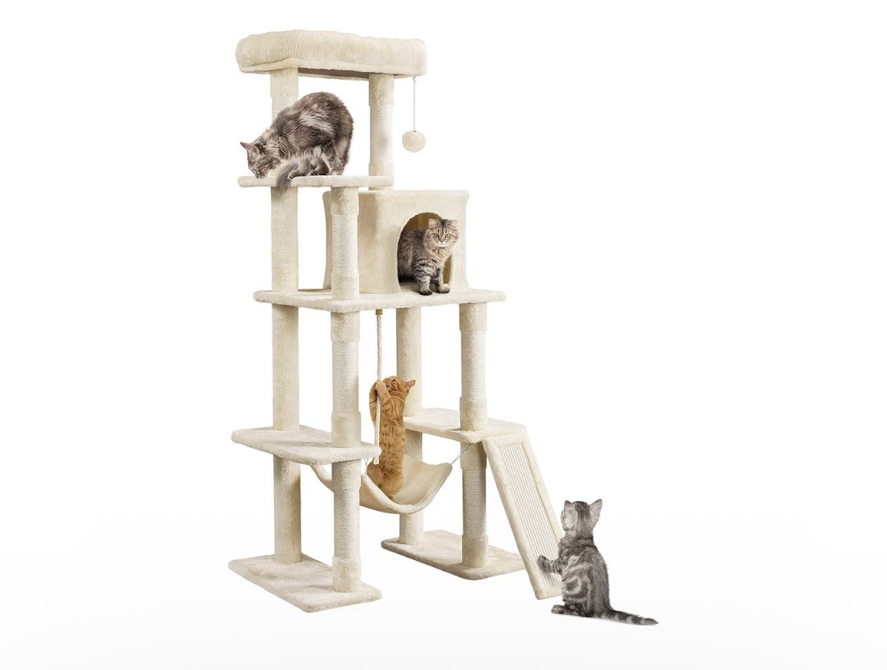 Cat Tree, 63 Inches Multi-Level Indoor Cat Play Structure with Scratching Posts, Hammock, and Dangling Ball