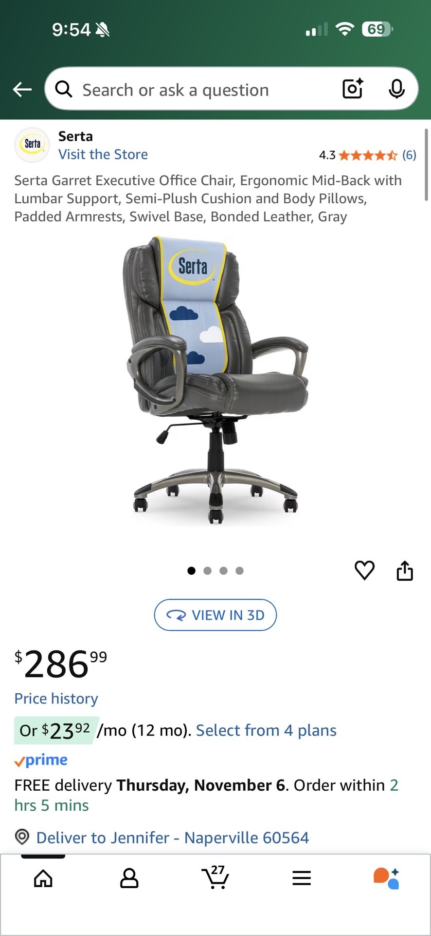 Brand New Serta Grey Bonded Leather Tall Back Height Adjustable Reclining Executive Office Chair