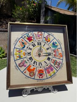 Vintage 15” Framed Astrological Zodiac Signs Crewel Embroidery Non Working Clock Home Decor