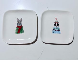 Rae Dunn Holiday Dog Ceramic Plates Set of 2