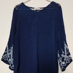 Women's Navy Blue Embroidered Bell Sleeve Blouse Size XL