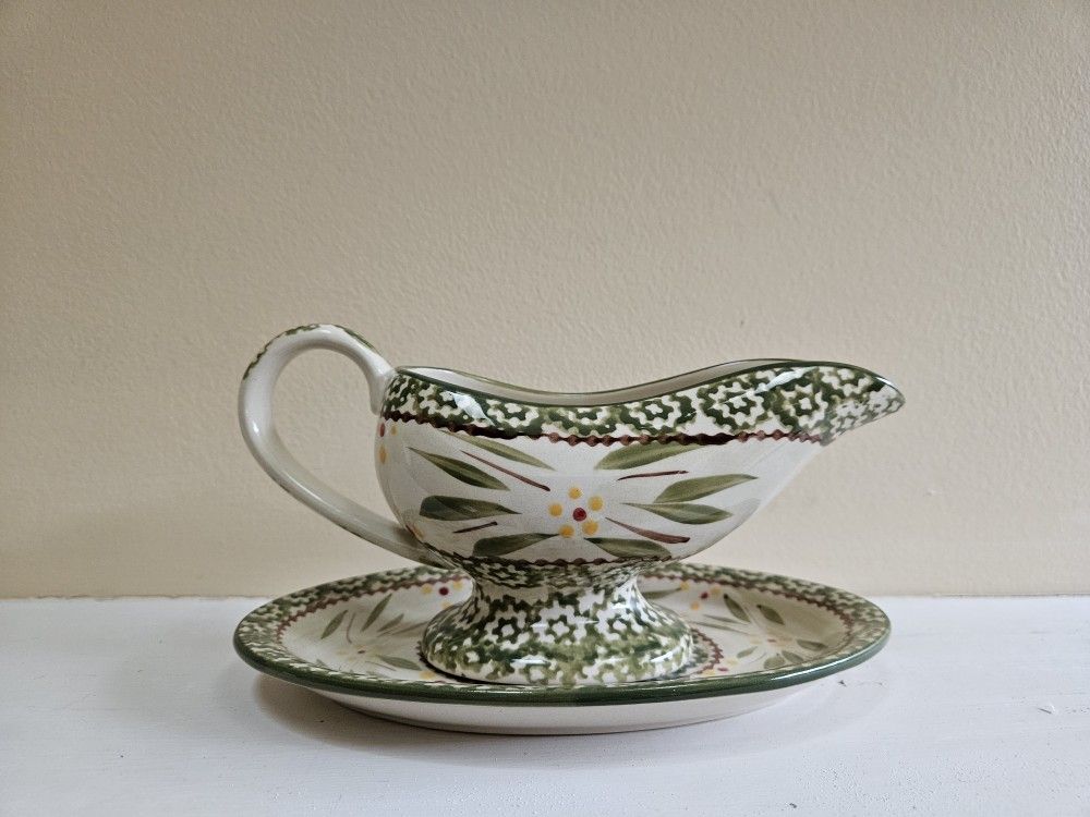 Temp-tations Old World Green Gravy Boat + Underplate - Discontinued Collectible