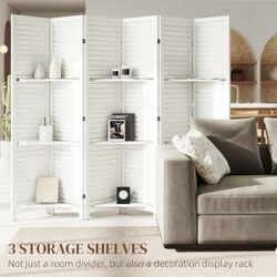 Room Divider, 6 Panel 67" Tall Wood Privacy Screen with 3 Display Shelves, and Folding Storage for Bedroom, Gray - White