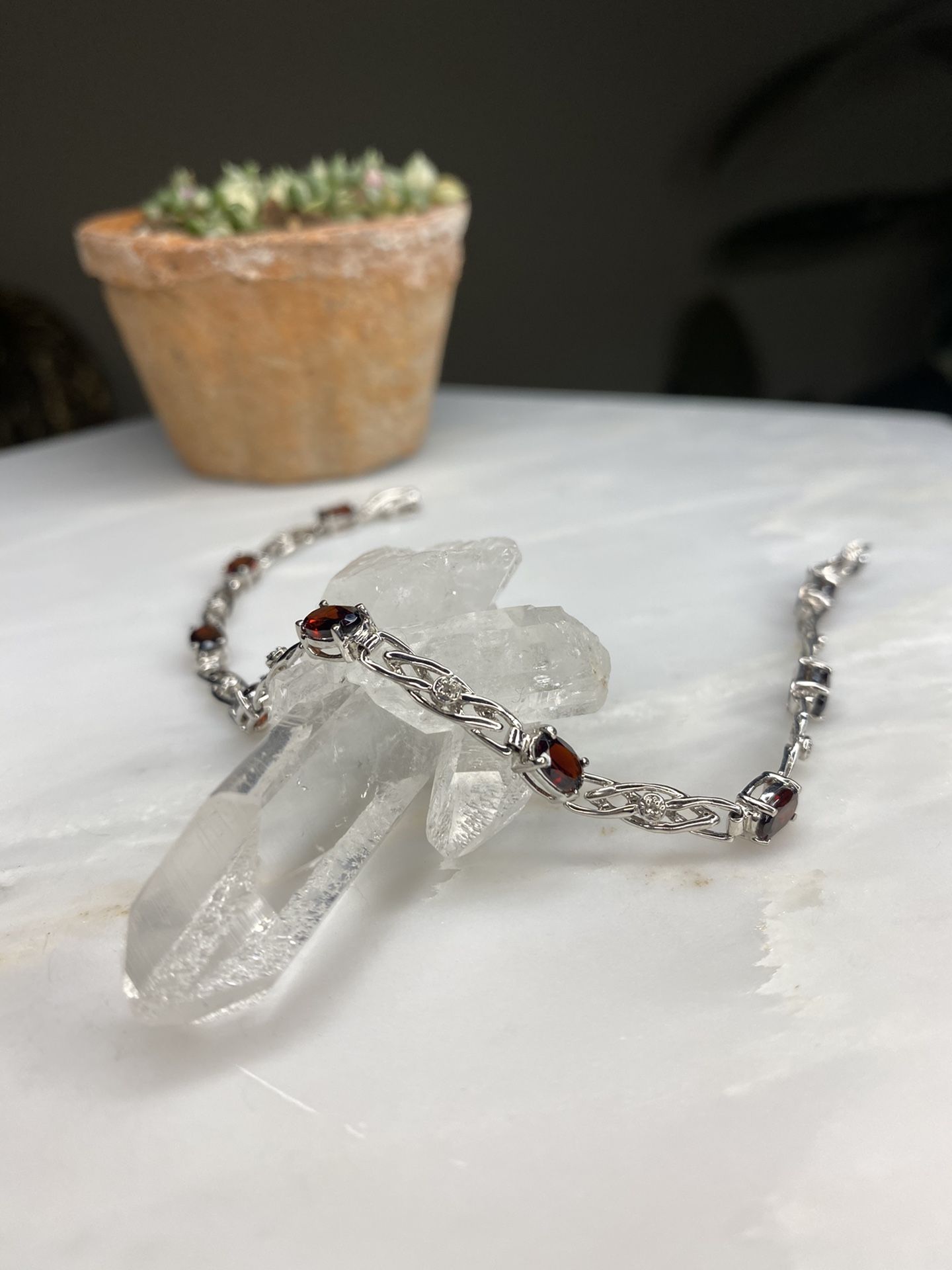 Real 10kt White Gold Garnet & Diamond Bracelet