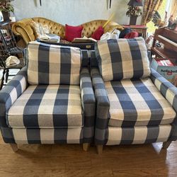 Pair of Blue & Cream Buffalo Plaid Armchairs 