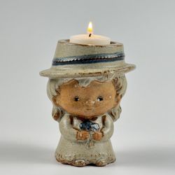 Vintage Stoneware Pottery Girl in Hat Votive Candle Holder / Vase