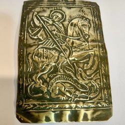 Antique Rare Brass 3.75” Plaque Picture Russia St. George & The Dragon