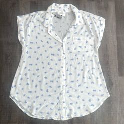 New Women's Small White Button-Up Shirt with Light Blue Floral Print