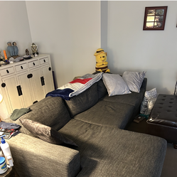 West Elm sofa, grey, 106” by 62” at the L